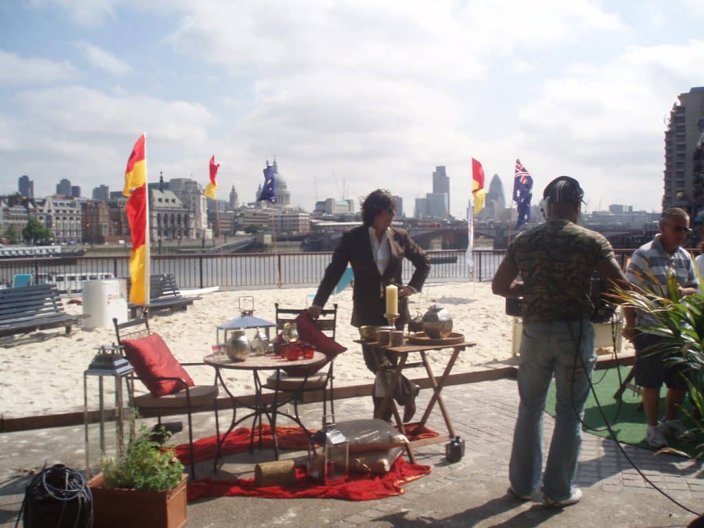 Outdoor scene with actors and props.