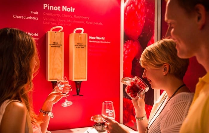 Wine tasting at a fair event.